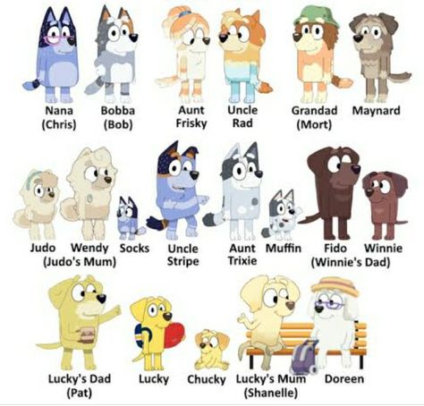 All The Bluey Characters, Bluey Characters Adults, Bluely Characters, All Bluey Characters, Bluey Family Tree, Bluey Characters Grown Up, Bluey Craft, Bluey Stuff, Bluey Characters