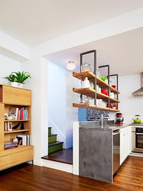 8 Reasons You Should Try Open Shelving in Your Kitchen >> http://www.hgtv.com/design-blog/design/8-reasons-you-should-try-open-shelving-in-your-kitchen?soc=pinterest Kitchens Without Upper Cabinets, Kitchen Bookshelf, Kitchen Open Shelves, Small Kitchen Island, Kitchen Open, Open Kitchen Shelves, Regal Design, Smart Kitchen, Upper Cabinets