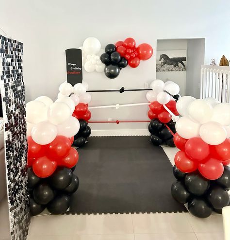 Birthday celebration - Balloon decor - Boxing theme Boxing Bday Theme, Boxer Theme First Birthday, Boxing Balloon Ideas, Boxer Birthday Party, Boxing Theme Centerpiece Ideas, Boxing Themed Birthday Party, Rocky Theme Birthday Party, Ufc Themed Birthday Party, Boxing Theme Baby Shower Boys