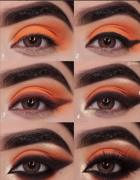 Black And Orange Smokey Eye, Orange Black Eyeshadow, Orange Black Eye Makeup, Black And Orange Eye Makeup, Orange And Black Eye Makeup, Black And Orange Makeup Looks, Orange Halloween Eye Makeup, Smokey Orange Eye Makeup, Orange Eyeshadow Looks Step By Step