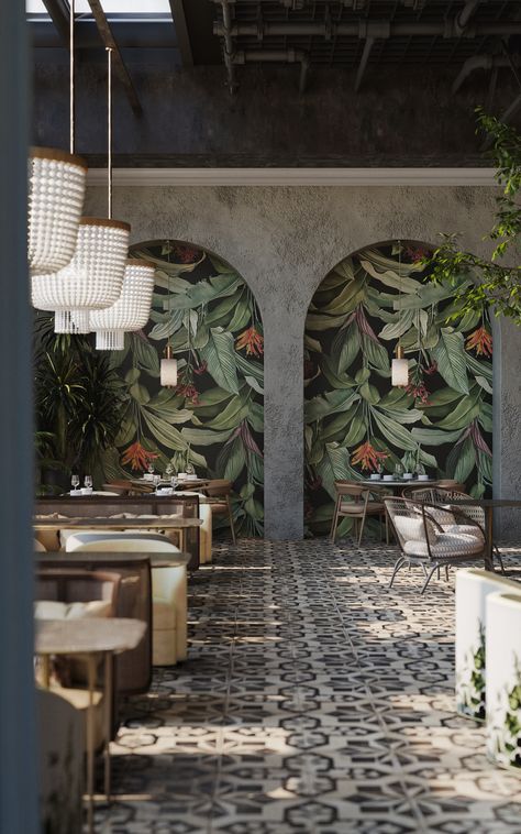 Modern Tropical Interior Design, Modern Tropical Interior, Italian Restaurant Interior Design, Boho Restaurant, Bistro Interior, Restaurant Exterior Design, Mural Cafe, Luxury Apartments Interior, Bistro Design