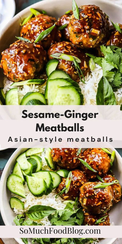 Sesame-ginger meatballs made with a mix of pork and chicken are so tender and perfect for any weeknight dinner. 25 Minute Ginger Steak Cucumber Bowls, Hoisin-serrano Meatballs & Rice Noodle Salad, Asian Pork Bites, Asian Pork Meatballs Easy Recipes, Sesame Ginger Meatballs, Ginger Chicken Meatballs Pinch Of Yum, Ground Pork And Chicken Recipes, Ginger Pork Meatballs, Pickled Ginger Uses