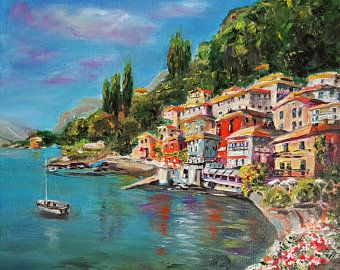 Landscape Oil Paintings Mountain, Italy Paintings, Venice Painting, Sunset Artwork, Skyline Painting, Italian Paintings, Seascape Wall Art, Italy Painting, Lake Painting