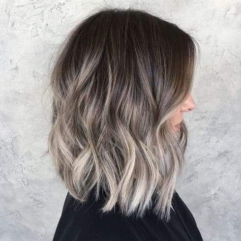 Brown To White Ombre Hair, Short Ombre Hair Brown To Blonde, Ash Grey Balayage Brunettes, Cold Balayage, Dark Roots Ash Blonde Hair Balayage, Dark Ash Blonde Balayage, Grey Hair With Brown Lowlights, Ash Blonde Balayage Short, Blonde Highlights On Dark Hair Short