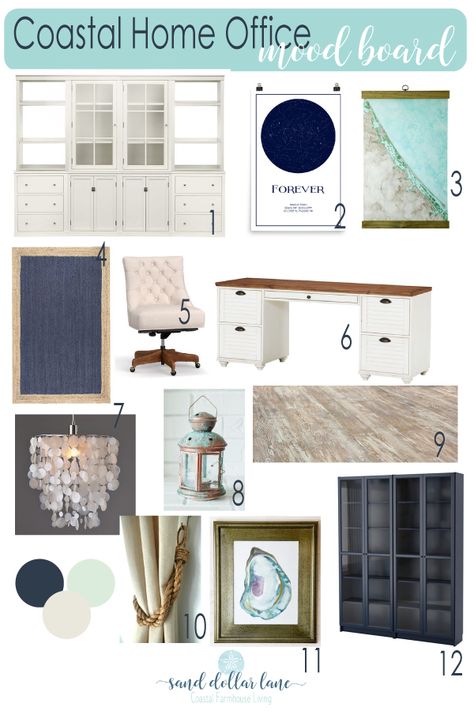 Coastal Home Office Inspiration Mood Board Coastal, Home Office Mood Board, Coastal Office Decor, Office Mood Board, Coastal Home Office, Style Mood Board, Coastal Style Bathroom, Coastal Style Living Room, Coastal Style Bedroom