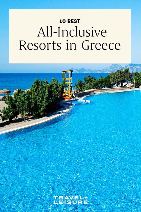 Don't worry about a thing on your vacation with these all-inclusive resorts in Greece. See the sunset at a resort in Kos, or visit the beach in Crete. #worldtravel #internationaltravel #travelandleisure Budget All Inclusive Resorts, Greece All Inclusive Resorts, Greece Honeymoon Resorts, All Inclusive Resorts Europe, Best All Inclusive Resorts For Families, Greek Honeymoon, Resorts In Greece, Greece Resorts, 2025 Travel