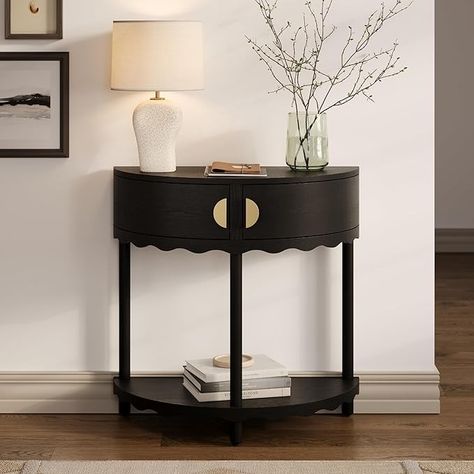 Amazon.com: Scalloped Skirt Half Moon Console Table - Small Entry Table with Storage for Narrow Spaces - Modern Home Decor - Living Room Furniture - Solid Wood Entryway Table with Two Doors (Whitewash Oak) : Home & Kitchen Half Moon Table Decor, Moon Table Decor, Half Moon Entry Table, Entry Table With Storage, Narrow Console Table Entryway, Small Hallway Table, Small Entry Table, Wood Entryway Table, Small Entry Tables