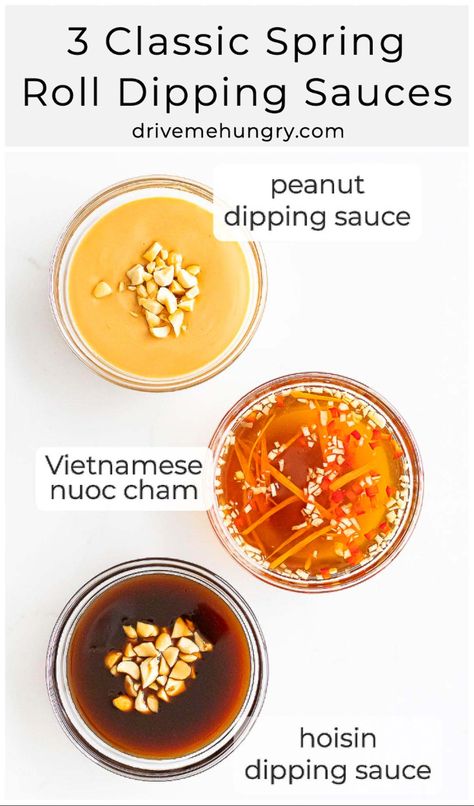 Three classic spring roll dipping sauces that are sweet, tangy & flavorful! Ready in under 5 minutes! Peanut sauce, Vietnamese fish sauce & hoisin sauce. #springrollsauces #springrolldippingsauce #dippingsauce #asiansauces #drivemehungry | drivemehungry.com Spring Roll Dipping Sauce, Vietnamese Fish Sauce, Resep Sushi, Spring Roll Sauce, Vietnamese Fish, Vietnamese Spring Rolls, Vegetable Spring Rolls, Peanut Dipping Sauces, Spring Roll Recipe