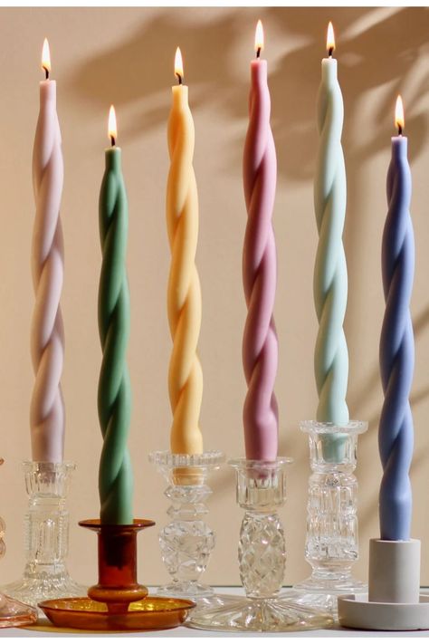 Colourful candles are all the rage at the moment. Long gone are the days of plain white dinner candles or simple tealights being the only go-to dinner party accessory. We have entered the era of the wildly colourful candle – and the more unusual the shape, the better. Pastel Candles, Colourful Candles, Pastel Candle, Marble Pillar, Rainbow Candle, Block Candles, Rainbow Blocks, Twist Candle, Tapered Candles