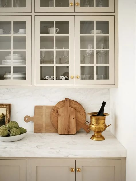 Why This Homeowner Renovated Her Perfectly Fine, White Farmhouse Kitchen Cabinet Fronts Styles, Kat Jamieson, Glass Upper Cabinets, House Transformation, Glass Kitchen Cabinets, Off White Kitchens, Diy Backsplash, White Marble Countertops, Kitchen Farmhouse