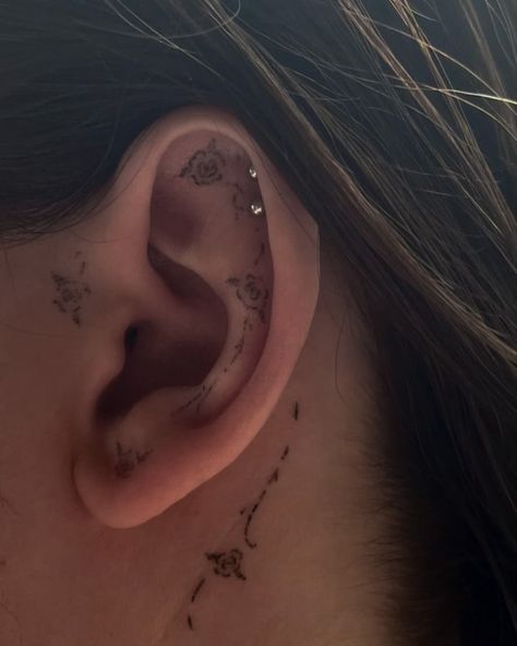 Special for @its.oviler 🥀 Ear tattoos // 200 per 1 // 350 per 2 😘 Swipe right to see healed #handpoke #stickandpoke #eartattoo #yyctattoo #calgarytattoo Tattoo Ideas Female Ear Back, Near Ear Tattoo, Behind The Ear Tattoo Ideas Flower, White Ear Tattoo, On Ear Tattoo, Simple Ear Tattoos, Inner Ear Tattoos For Women, Small Ear Tattoos For Women, Tattoo In Ear