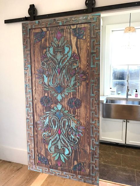 Floral Entrance, Wooden Sliding Door, Living Room Doors, Modern Village, Bohemian Tiles, Barn Door Designs, Wooden Door Design, Faux Painting, Cabin Interiors