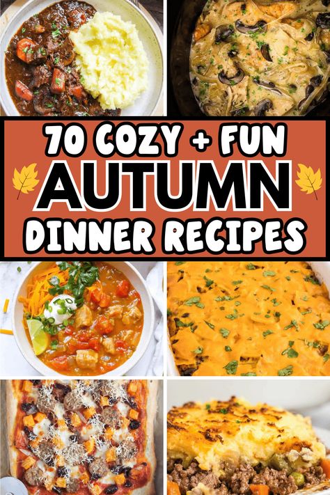 Fun fall dinner ideas to complete your autumn meal plan! These cozy fall dinner recipes include comfort food casserole, cheap soup recipes, healthy crock pot chicken fall recipes, quick easy beef fall dinners for two or family. Perfect fall cooking ideas for your September or October meal plan! From Sunday dinners to weeknight meals on cold rainy days, you’ll love these fall dinners. Or add them to your dinner party or supper club menu this autumn season. Fall food recipes dinner families. Cold Day Food, Rainy Day Recipes Dinners, Fall Dinner Party Recipes, Autumn Dinner Party Recipes, Cozy Fall Dinner Recipes, Cheap Soup, October Dinner, Cozy Fall Dinner, Fall Dinner Ideas