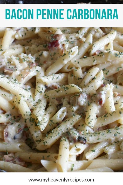 Penne Carbonara with Bacon - This Easy Carbonara Recipe with Bacon will put ANY restaurant's recipe to SHAME! This is quite possibly the easiest pasta dish EVER! Perfect for a quick weeknight meal or easy entertaining, you decide! #MyHeavenlyRecipes #Dinner #Pasta #Bacon Penne Carbonara Recipe, Penne Carbonara, Carbonara With Bacon, Easy Carbonara, Carbonara Recipe Creamy, Leftover Bacon, Italian Pastas, Salisbury Steaks, Pasta Bacon