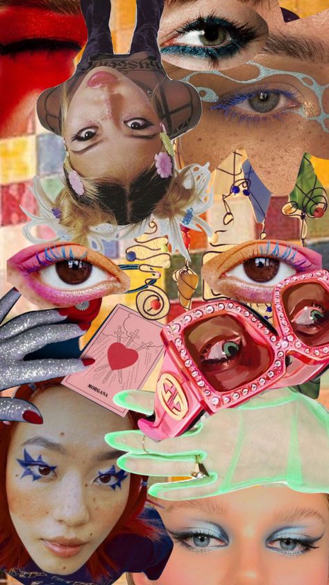 Makeup Collage Aesthetic, Scene Moodboard, Y2k Moodboard, Colorful Mascara, Beauty Moodboard, Powerpoint Designs, Vlog Ideas, Makeup Collage, Makeup Poster