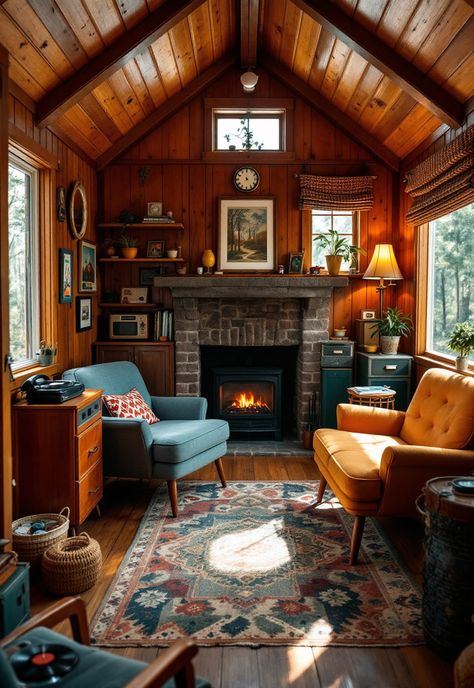 Small Cabin Interior Ideas Comfy Cabin Aesthetic, Maximalist Cabin Decor, Tiny Log Cabin Interior, Knotty Pine Cabin Interior, Antique Cabin Decor, Bright Cabin Decor, 70s Cabin Decor, Cabincore Interior Design, Cabin Small House