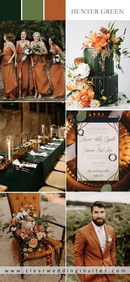 Hunter Green Wedding Colors, Emerald Green And Burnt Orange, Green And Burnt Orange Wedding, Wedding Colors Ideas, Green Fall Weddings, Green And Burnt Orange, Hunter Green Wedding, Forest Green Wedding, Orange Wedding Themes