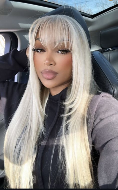 Platinum Blonde Hair Lace Wig, Blonde Weave With Bangs, Curtain Bang Blonde Hair, Blonde And Black Ombre Hair, Platinum Hairstyles For Black Women, Blonde Bob Sew In, 613 Wig With Bangs, Pink Wigs Hairstyle, Platinum Blonde Wig Hairstyles