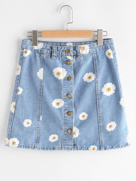 Shop Single Breasted Daisy Print Denim Skirt online. SheIn offers Single Breasted Daisy Print Denim Skirt & more to fit your fashionable needs. Marlene Jeans, Denim Skirts Online, Mode Ulzzang, Print Denim, Outfit Jeans, Painted Denim, Painted Clothes, Daisy Print, Jeans Rock