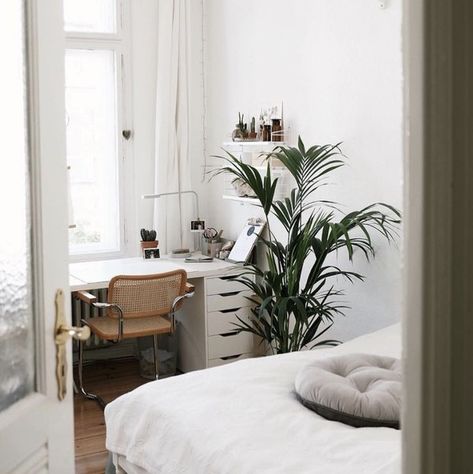 bedroom office idea with white desk against a window with a mid-century cane chair and a bed with white bedding in a white bedroom Small Bedroom Office Ideas, Small Bedroom Office, Bedroom Office Combo, Bedroom Office Ideas, Home Office Guest Room Combo, Bedroom Workspace, Simple Bed Designs, Guest Bedroom/office, Dorm Room Styles