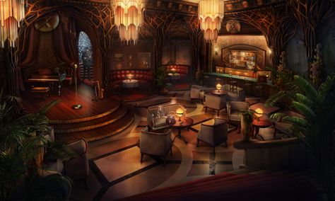 http://www.bigfishgames.com/games/11859/donna-brave-and-the-strangler-of-paris-ce/ Fantasy Gambling Den, Fantasy Dining Room Concept Art, Hotel Concept Art, Speakeasy Art, Lounge Aesthetic, Penthouse View, Episode Backgrounds, Jazz Bar, Fantasy Rooms