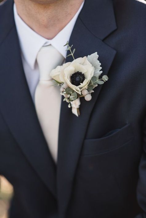 Anenome Boutineer, Men Wedding Flowers Groom Boutonniere, White Anemone Boutonniere, Winter Wedding Corsage, Anemone Boutineer, Winter Boutineer Groomsmen, Mens Boutineers Wedding, Anemone Corsage, White Boutonniere Wedding