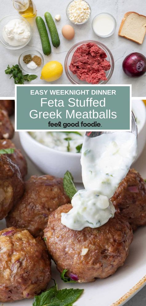 These Greek meatballs are an easy and delicious way to change up your meatball routine! All beef meatballs with fresh onion and garlic are stuffed with feta cheese and baked in the oven until tender and served with a homemade tzatziki sauce. Believe you me when I tell you they are sure to become a family favorite. Plus, they’re really easy to make – perfect for a busy weeknight dinner. Ground Beef Greek Meatballs, Greek Meatballs With Feta, Feta Cheese Meatballs, Feta Stuffed Meatballs, Greek Pork Meatballs, Mediterranean Meatballs Beef, Greek Style Meatballs, Greek Feta Meatballs, Ways To Eat Meatballs