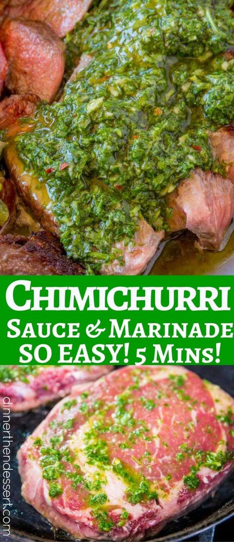 Chimichurri Sauce is an addicting, crazy easy marinade and sauce you'll enjoy all summer long that is the perfect topping (and marinade) to all things grilled. Dinner Then Dessert, Easy Marinades, Chimichurri Sauce, Marinade Recipes, Steak Sauce, On The Grill, Homemade Sauce, It Goes On, The Grill