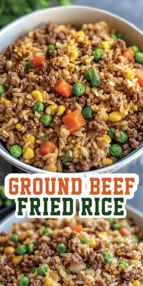 Ground Beef Fried Rice Ingredients: 1 lb ground beef 3 cups cooked rice (day-old rice works best) 2 tablespoons vegetable oil 1 onion, diced 2 cloves garlic, minced 1 cup frozen peas and carrots mix 2 eggs, beaten 3 tablespoons soy sauce 1 tablespoon oyster sauce (optional) 1 tablespoon sesame oil Salt and pepper to taste 2 green onions, sliced for garnish #groundbeef #easyrecipes #camilarecipes Ground Beef Fried Rice, Recipes With 1lb Ground Beef, Fried Rice Ingredients, Frozen Peas And Carrots, Beef Fried Rice, Fried Rice With Egg, Healthy Lunches For Work, Peas And Carrots, Ground Beef Recipes Healthy