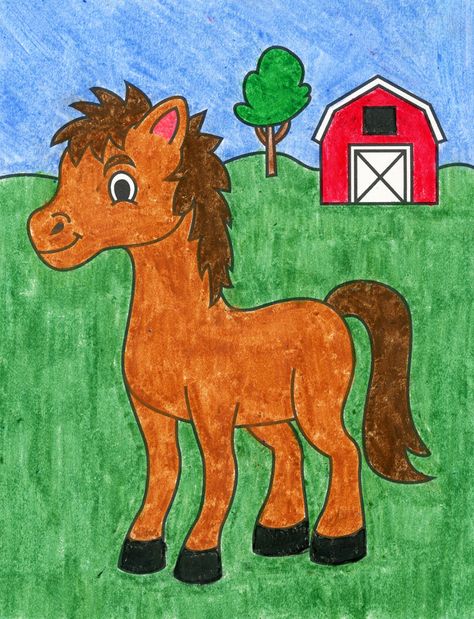 Drawing For Class 2 Students, Horse Easy Drawing, Animals Drawing For Kids, Animal Drawing For Kids, Horse Drawing Easy, Drawing Easy Cartoon, Head Tutorial, Cartoon Horse, Giraffe Drawing