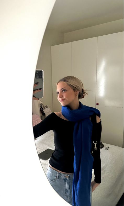 blue scarf | hair claw | denim skirt | off shoulder top | mirror selfie | outfit | winter | style | aesthetic | instagram Blue Scarf Outfit Winter, Winter Style Aesthetic, Blue Scarf Outfit, Mirror Selfie Outfit, Scarf Outfit Winter, Off The Shoulder Jumper, Chicago Trip, 2023 Outfits, Scarf Hair