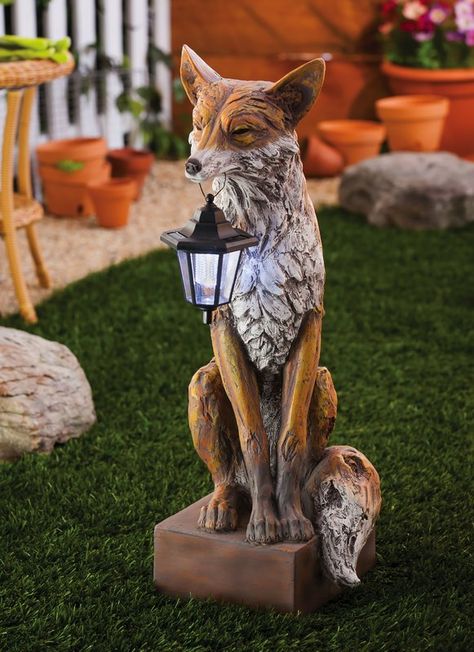 Friendly Fox Statue Faerie Garden, Garden Statuary, Small Cabins, Friendly Fox, Fox Den, Moving Van, Future Garden, Solar Lantern, Fox Decor