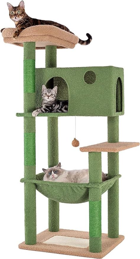 Amazon.com : Meow Sir Cactus Cat Tree for Large Cats 53 Inches Multilevel Cat Tower with Large Hammock Super Spacious Condo and Wide Padded Perch Scratching Posts and Pad for Indoor Cats-Large Cactus : Pet Supplies Cat Apartment, Small Cat Tree, Cozy Hammock, Wooden Cat Tree, Cat Castle, Large Cat Tree, Cat Climbing Tree, Cactus Cat, Natural Sisal