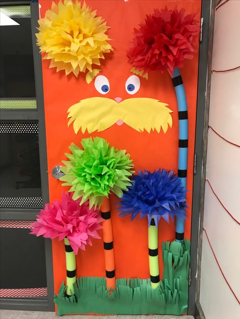 Lorax Photo Booth, Door Decorations Classroom Literacy Week, Read Across America Classroom Door, The Lorax Classroom Theme, Bird Door Decorations Classroom, Dr Seuss Library Decorations, The Lorax Door Decorations Classroom, Dr Seuss Halloween Decorations, The Lorax Party Decorations