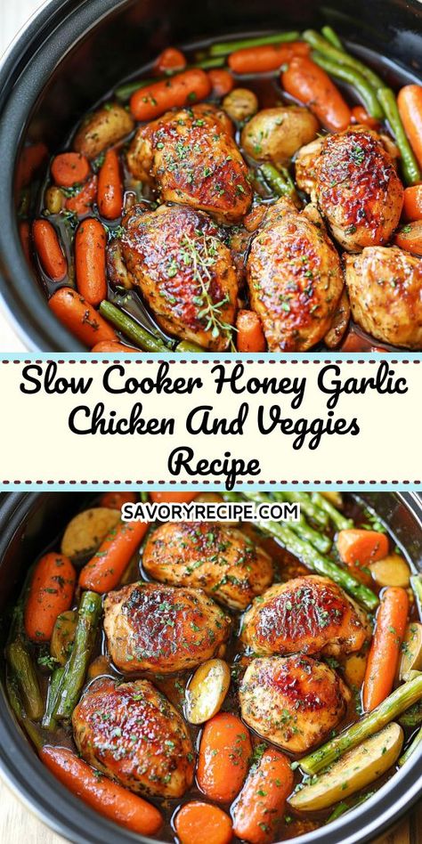 Want to impress your family with minimal effort? The Slow Cooker Honey Garlic Chicken and Veggies recipe offers a mouthwatering combination of flavors that everyone will love. Perfect for busy weeknights, make sure to save this crockpot recipe for an easy and satisfying meal anytime you need it! Chicken Patty Parmesan Recipe, Honey Garlic Chicken Crock Pot, Honey Garlic Chicken And Veggies, Family Meals Crockpot, Honey Chicken Crockpot, Garlic Chicken Slow Cooker, Crockpot Veggies, Slow Cooker Honey Garlic Chicken, Honey Chicken Recipe