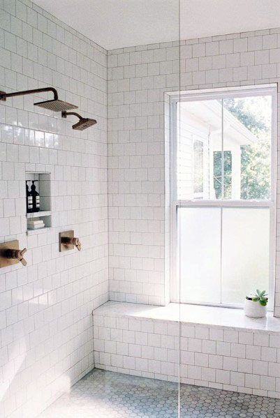 It would be nice to have a placce to sit and look out. The second floor bathroom is the only place looking to the backyard. Shower Windows Ideas, Cramped Apartment, Spa In Casa, Compact Room, Tile Walls, Window In Shower, Bathroom Windows, Bad Design, Bath Room