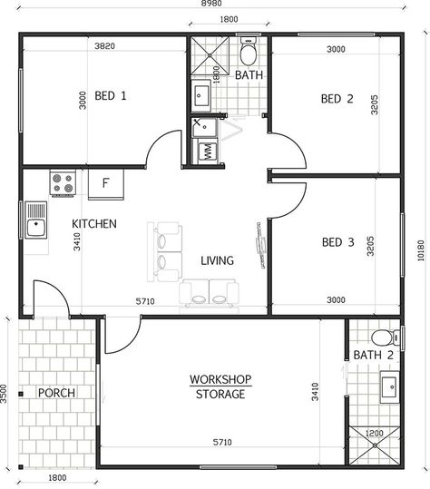 Three Bedroom Bungalow House Plan (shd-2017032) 3 Bedroom Flat Floor Plans, 3 Bedroom Granny Flat Plans, Granny Flats Australia, Granny Flat Plans, Flat Plan, Duplex Floor Plans, Three Bedroom House Plan, Bungalow Floor Plans, Granny Flats