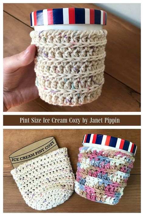 Ice Cream Pint Koozie Pattern, Ice Cream Coozie Crochet Pattern, Ice Cream Cozies Free Pattern, Ice Cream Pint Cozy Pattern Free, Crocheted Ice Cream Pint Cozy, Pint Cozy Crochet Pattern, Crochet Ice Cream Cozy Pattern Free, Crochet Craft Fair Free Patterns, Ice Cream Koozie Pattern