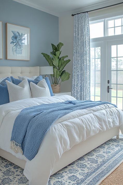 Create a cozy and tranquil white and blue bedroom aesthetic. Explore ideas for incorporating white and blue bedroom decor, including crisp white bedding, soft blue walls, and nautical accents. Discover white furniture with blue details, striped throw pillows, and ocean-themed artwork. Find inspiration for blue and white patterned curtains, woven jute rugs, and light blue ceiling paint to design a relaxing and refreshing bedroom retreat. Blue Beach Aesthetic Bedroom, Soft Blue Room Ideas, White Comforter With Blue Accents, Blue Bedrooms For Girls Ideas, French Blue Bedroom Master Suite, Bedroom Ideas For Teen Girls Blue, Light Blue Themed Bedroom, Ocean Blue Walls, Blue Room Aesthetic Ideas