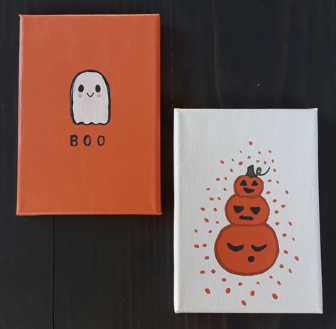 2 hand painted halloween themed paintings, they will arrived wrapped, so they can be given as gifts. The canvases are 12.5 cm. by 17.5 cm. whith a depth of 1 cm. Made with acrylic paints. Paintings will vary slightly because they are handmade. Easy Things To Draw And Paint, Detail Painting Ideas, Small Halloween Painting Ideas, Pumpkin Painting Easy Canvas, Halloween Arts And Crafts Ideas, Things To Do With Paint Samples, Halloween Crafts Painting, Preppy Fall Paintings, Halloween Painting Ideas Easy For Kids