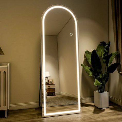 BEAUTYPEAK LED Arched Full Length Mirror 64" x 21" Standing Floor Mirror,White Standing Floor Mirror, Arched Full Length Mirror, Mirror Standing, Long Mirror, Salon Suites, White Mirror, Dorm Room Essentials, Length Mirror, Bedroom Mirror