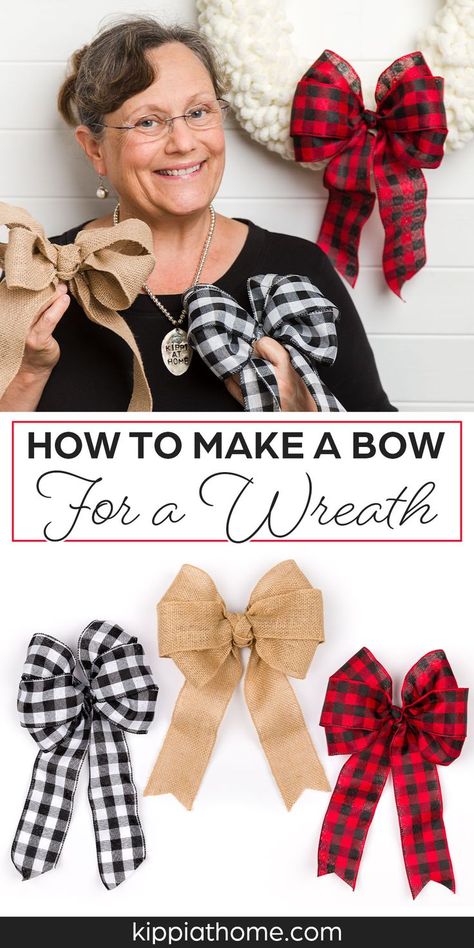 Three handmade ribbon bows, burlap, black and white check and red and black check ribbon Making Bows For Wreaths, How To Make A Ribbon Bow, Diy Cornhole, Diy Wreath Bow, Easy Bow, Tree Bows, Christmas Bows Diy, Xmas Games, Bow Diy