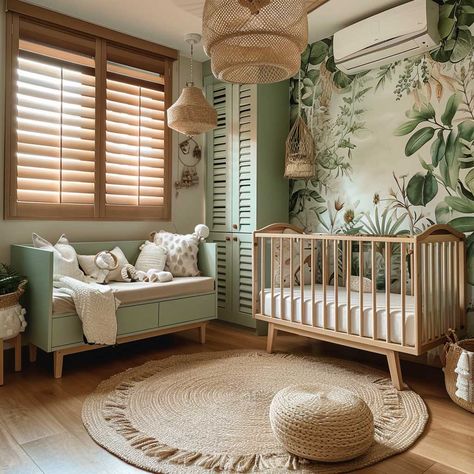 20+ Nature-Inspired Green Nursery Themes for a Serene Baby Space • 333+ Art Images Bali Nursery, Large Nursery Layout, Plant Themed Nursery, Rainforest Nursery, Green Nursery Ideas, Forest Baby Rooms, Male Room Ideas, Enchanted Bedroom, Kids Jungle Room