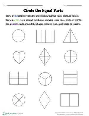 With this worksheet, your students will get a better understanding of the concept of halves, thirds, and fourths. Your second graders will be challenged to identify different fractions by circling the shapes with different colors for halves, thirds, and fourths. When they are done, they will look at pizza portions in a whole new light!#educationdotcom Halves Thirds Fourths 2nd Grade, K2 Activities, Symmetry Worksheets, Telling Time Practice, Place Value Worksheets, Sequencing Worksheets, First Grade Math Worksheets, 4th Grade Math Worksheets, Subtraction Practice