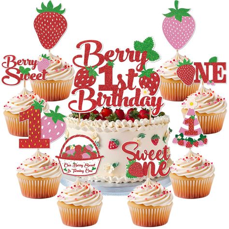 PRICES MAY VARY. package includes: the berry first birthday decor contain 1pc berry 1st birthday cake topper and 24pcs strawberry cupcake toppers. 8 unique designs of berry sweet one birthday party decorations for cupcakes, ice cream, cheese, and any other dessert dish. using our strawberry first birthday decorations cake topper to decorate your party food and make them look more delicious, which is a best choice for your children nice design: the strawberry party cake decorations includes exqui Cupcake Cakes Birthday, Berry 1st Birthday Cake, Sweet One Birthday Party, Strawberry Cake Decorations, Berry 1st Birthday, Sweet One Birthday, First Birthday Decor, First Birthday Cupcakes, Baby Shower Party Themes