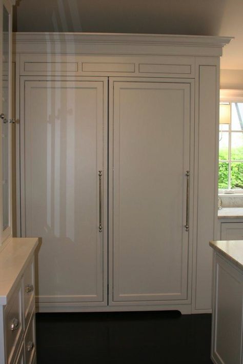 Kitchen with white wood paneled side by side refrigerators. Two Refrigerators In Kitchen, Wood Panel Siding, Paneled Refrigerator, White Wood Paneling, Fabulous Kitchens, Door Installation, Kitchen Projects, Traditional Kitchen, West End