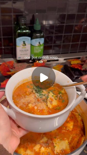 Meggin on Instagram: "One pot ravioli soup ✨🍲❤️
 
Hello besties! This one pot ravioli soup is so quick and easy to make and is perfect for cozy season! I love starting my soup bases with @californiaoliveranch extra virgin olive oil. It gives all my soups such an amazing flavor. I hope you enjoy as much as I do!
 
xoxo, Meg 💕💋 
 
Ingredients 
 
3 tbsps. @californiaoliveranch extra virgin olive oil
  1/2 yellow onion, diced
  6 cloves garlic, minced
  16 ounces Italian sausage
  1 tbsp. italian seasoning 
  2 tablespoons tomato paste
  4 cups chicken broth
  1 (28 ounce) can crushed tomatoes 
18 ounce package ravioli 
1 cup heavy cream
½ cup parmesan cheese
salt and pepper to taste 
 
top with:
 shaved Parmesan
  fresh chopped parsley
 
directions
Add extra virgin olive oil to a pan and a Ravioli Soup Recipe, Ravioli Soup, Can Crushed Tomatoes, Shaved Parmesan, Cozy Season, Crushed Tomatoes, Virgin Olive Oil, Parmesan Cheese, Italian Sausage