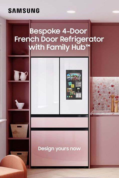 Bring your kitchen ideas to life with the Bespoke 4-Door French Door Refrigerator. Add creativity to your room design with a variety of colors that brighten any kitchen interior. Head to the Bespoke Design Studio to customize your refrigerator. Bespoke Refrigerator, Online Kitchen Design, Color Refrigerator, Samsung Bespoke, Kitchen Tools Design, Custom Kitchens Design, Samsung Refrigerator, Bespoke Kitchen, Custom Kitchens