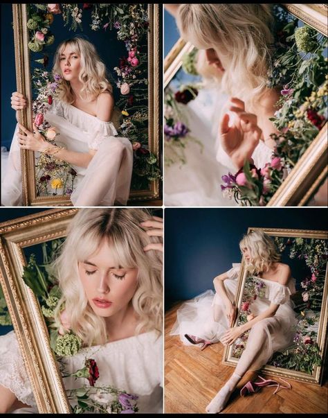 Flower Fashion Photography Editorial, Creative Spring Photoshoot, Whimsical Studio Photoshoot, Photoshoot With Picture Frame, Cottagecore Studio Photoshoot, Floral Frame Photoshoot, Creative Woman Photoshoot, Aesthetic Studio Photography, Spring Shoot Ideas Photoshoot