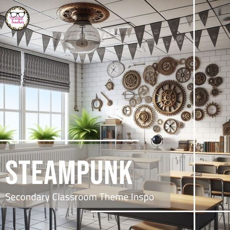 ⚙ I’ve always been captivated by steampunk- it’s such a funky, mysterious sort of style. It’s easily recognizable, yet each creator is free to make it his or her own.⁣ ⚙ Steampunk style is perfect for a middle or high school classroom. You can create a cohesive and playful theme without seeming babyish or overly matchy-matchy.⁣ ⚙ When I think of steampunk, I think of gears, pipes, goggles, overly complicated machinery, fantastic modes of transportation, pocket watches, top hats, hot air ballo... Steampunk Party Food, Steampunk Classroom, Classroom Decor Printables, Steampunk Party, Bulletin Board Decor, High School Classroom, Top Hats, Steampunk Style, Pocket Watches